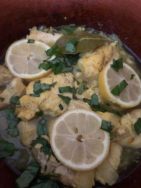 Savory Lemon, Honey, and Basil Chicken with a summery sweetness cooked in Miriams Clay Pot