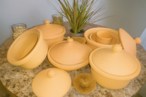 Eco-friendly Miriam's Earthen Cookware 5-piece pots and pans set, shown with exclusive discount and complimentary items, perfect for healthy, non-toxic cooking.