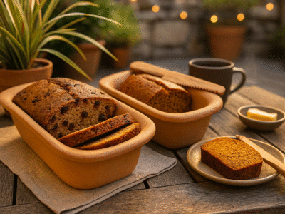 chocolate chip quick bread cooked in Miriam's Clay Loaf Pans