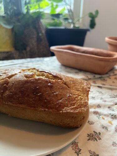cornbread baked in a clay loaf pan