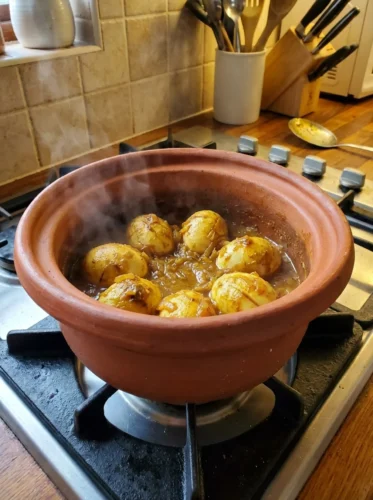 Curried Eggs simmering in a Miriam's Earthen Cookware Medium Pot