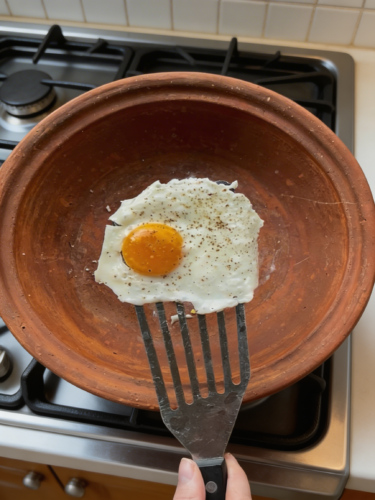 an egg fried to perfection in a Miriam's Earthen Cookware large pan