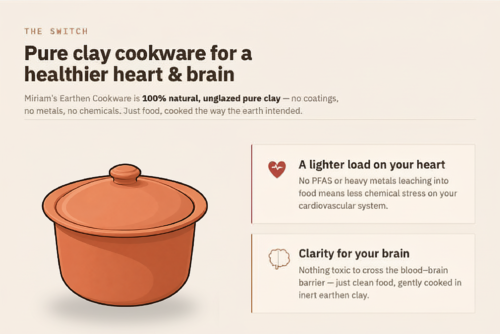 Infographic promoting pure clay cookware as an alternative to non-stick cookware. The headline reads, "The Switch: Pure clay cookware for a healthier heart & brain." A large illustration of a terracotta clay pot appears on the left. Text explains that Miriam's Earthen Cookware is made from 100% natural, unglazed clay with no coatings, metals, or chemicals. Two highlighted benefit panels state: "A lighter load on your heart," claiming no PFAS or heavy metals leach into food, and "Clarity for your brain," stating that clean, inert clay cookware avoids toxic substances crossing the blood-brain barrier.