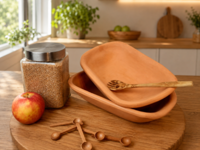 Set of two pure clay bread loaf pans sitting on a wood trivet