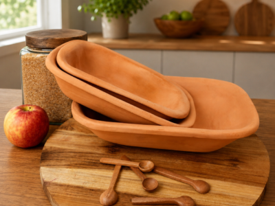 a set of three clay bread loaf pans are stacked on a wood trivet