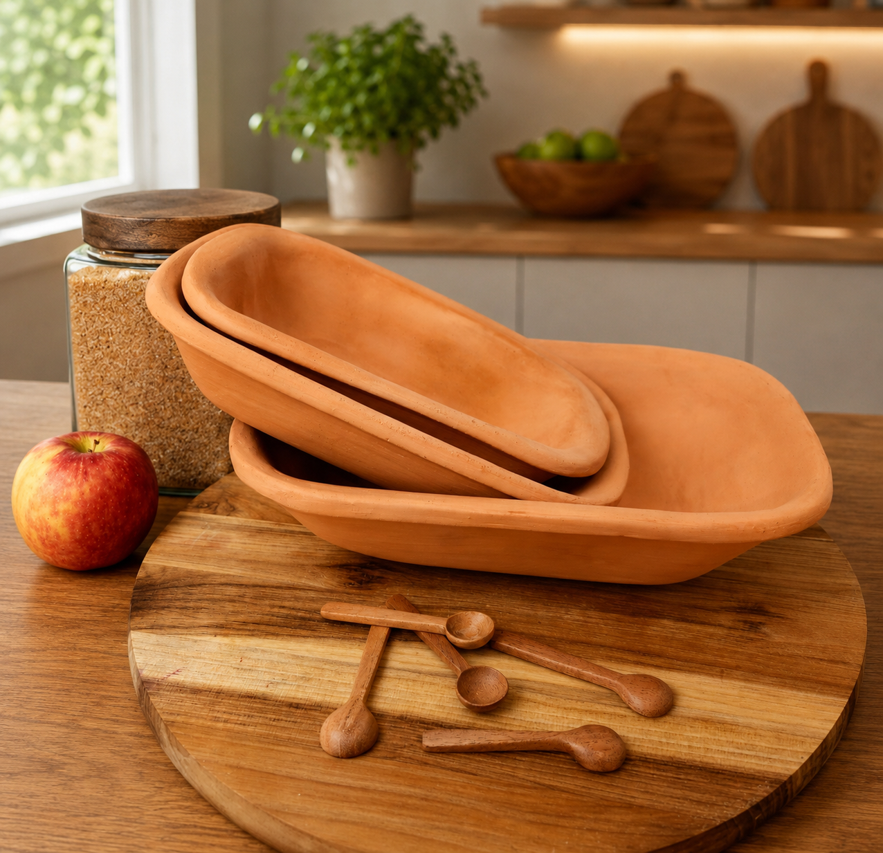 a set of three clay bread loaf pans are stacked on a wood trivet