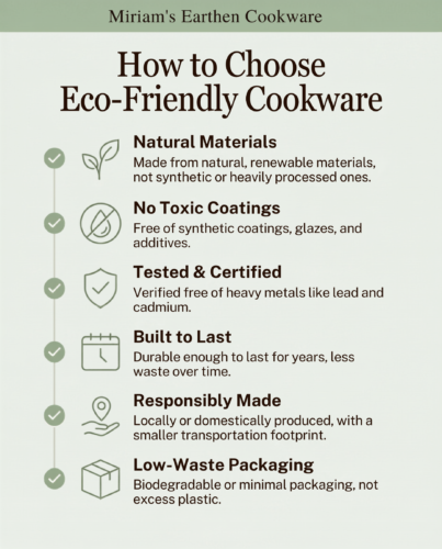 Checklist infographic titled "How to Choose Eco-Friendly Cookware" with six things to look for: natural materials, no toxic coatings, tested and certified free of heavy metals, built to last, responsibly made with a smaller transportation footprint, and low-waste packaging.