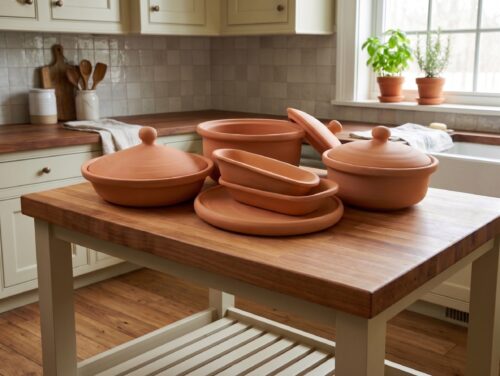 A collection of handcrafted terracotta clay pots, bakers, and lidded cookware arranged on a butcher-block table in a bright farmhouse kitchen, with fresh herbs on the windowsill and natural light in the background.